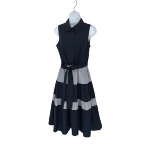 Jessica Howard Navy Stripe Sleeveless Collared Belted Office Midi Dress Size 6